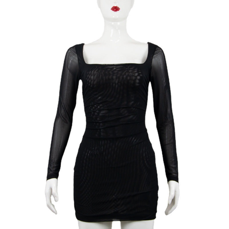 Long Sleeve Double Layer Mesh Low Cut Asymmetric Tied Dress