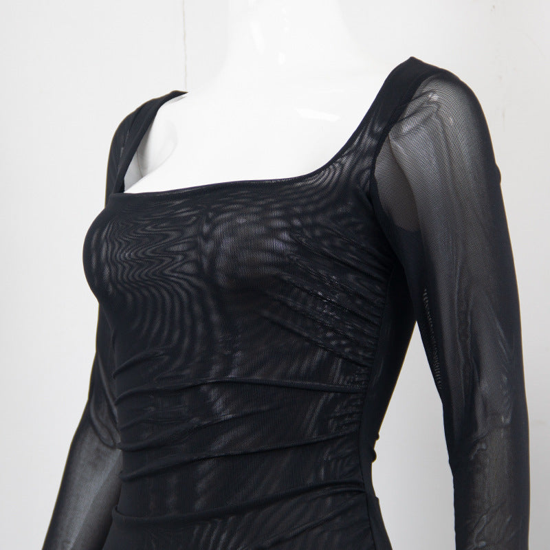 Long Sleeve Double Layer Mesh Low Cut Asymmetric Tied Dress