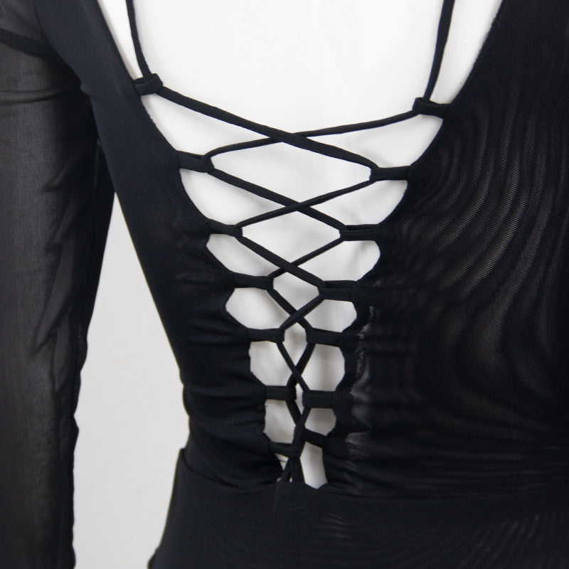 Long Sleeve Double Layer Mesh Low Cut Asymmetric Tied Dress