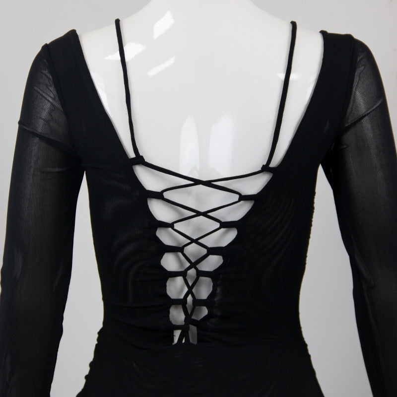 Long Sleeve Double Layer Mesh Low Cut Asymmetric Tied Dress